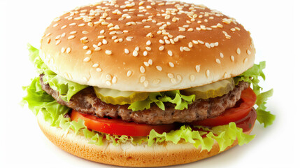 delicious close up of hamburger featuring sesame seed bun, fresh lettuce, juicy tomato, pickles, and beef patty, perfect for any meal