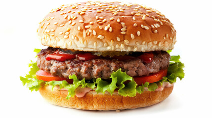 Delicious close up of hamburger featuring sesame seed bun, fresh lettuce, juicy tomatoes, and savory beef patty, perfect for satisfying meal