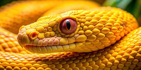 Fototapeta premium Stunning Close-Up of a Beautiful Yellow Viper Snake Capturing the Intricacies of Its Scales, Eyes, and Vibrant Colors in Macro Photography for Nature and Wildlife Enthusiasts