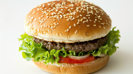 delicious close up of hamburger featuring sesame seed bun, fresh lettuce, juicy tomato, and perfectly cooked beef patty. This mouthwatering image captures essence of classic burger