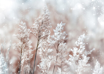Naklejka premium Delicate winter scene with frosted grasses gently swaying in the cold air, capturing the peaceful beauty of a snowy landscape