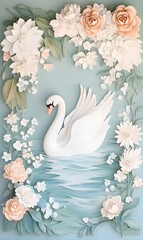 Fototapeta premium 3D_hand-carved_illustration swan,Mermaid,Deer,generation AI