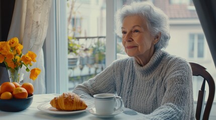 A cheerful senior woman enjoys breakfast with croissants and coffee at a cozy table, highlighting a peaceful morning and healthy lifestyle.
