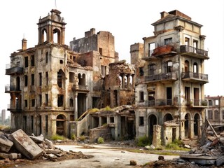 Fototapeta premium Stunning Panoramic Photography of Post-Apocalyptic Urban Ruins on White Background - Captivating Collection of Isolated Abandoned Structures for Generative AI Art