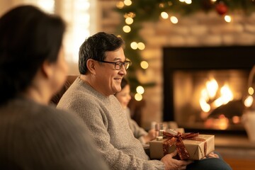 Warm Christmas Joy: Family exchanging gifts by a cozy fireplace.