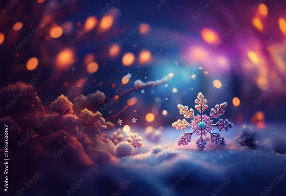 Poster A delicate snowflake rests on a bed of snow, illuminated by a warm glow and surrounded by a flurry of twinkling lights.