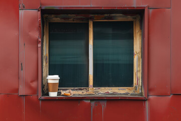 Disposable cup with sleeve and lid placed on an old rustic window ledge next to a half-eaten donut. Disposable cup mockup.