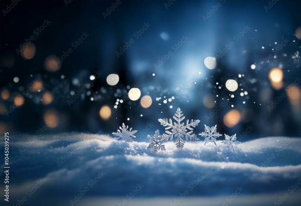 Poster a close-up of sparkling snowflakes resting on a bed of freshly fallen snow with a soft, out-of-focus