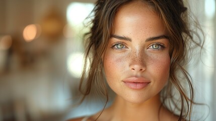 Obraz premium Radiant Young Woman, a stunning portrait of a young woman with smooth skin and flowing hair, illuminated by gentle light, exuding grace and beauty effortlessly.