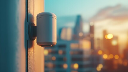Smart City Sunset: A futuristic weather sensor monitors the urban landscape during a breathtaking sunset.