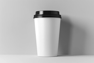 Minimalist white disposable coffee cup with black lid on a light gray background. Disposable cup mockup.