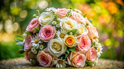 Stunning Bridal Bouquet of Pink, White, and Peach Roses with Daisies and Lush Greenery - Perfect Wedding Flowers for Celebrations and Events