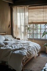 Cozy wabi-sabi bedroom with an aged wooden bedframe, soft linen bedding, and natural light filtering through bamboo shades.