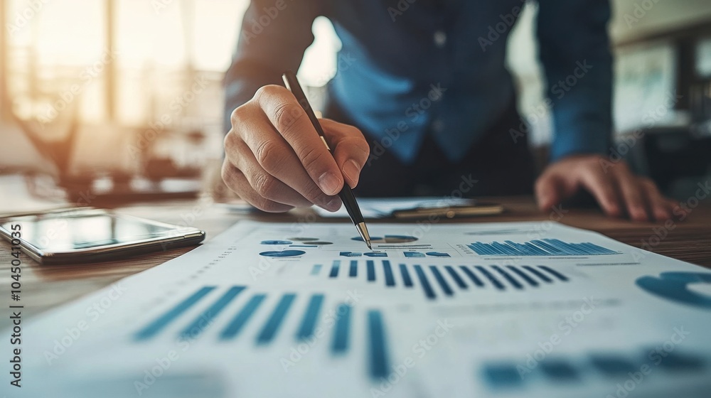 Poster business analysis with data and charts on table