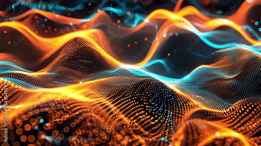 Poster colorful waves of light and patterns create an abstract digital landscape in a dark setting during t