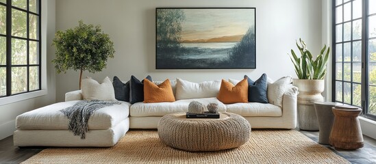 A modern living room with a white sectional sofa, a large abstract painting, a woven coffee table, and a large plant in a pot.