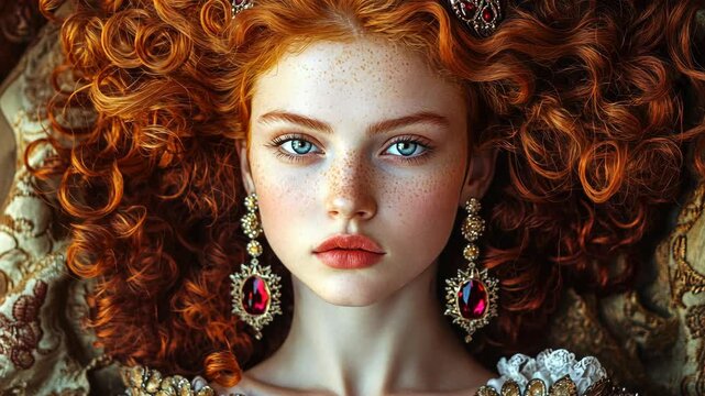 A woman with long, curly red hair and freckles looks directly at the camera. She is wearing large, ornate earrings with red gems