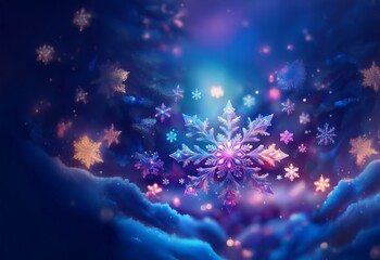 A large, ornate snowflake, with a glowing center, is surrounded by smaller snowflakes of various colors, all floating against a background of fluffy clouds and a swirling night sky.