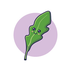 Fresh herbs concept. Cute Kawaii arugula leaf character. Vector cartoon icon illustration. Arugula character in doodle style. Isolated on white background.