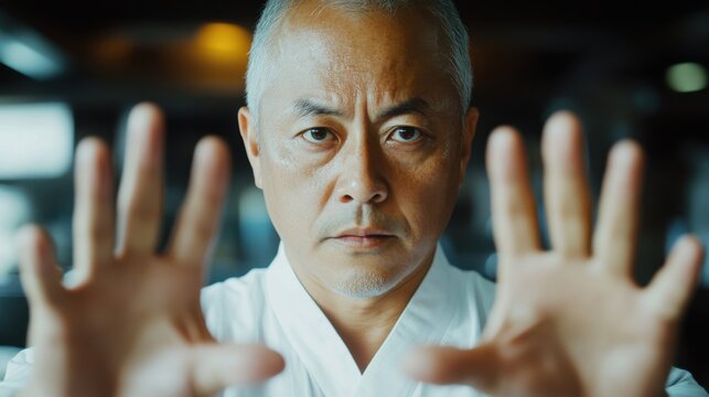 伝統的な衣装を着て集中して手技を練習する武道家