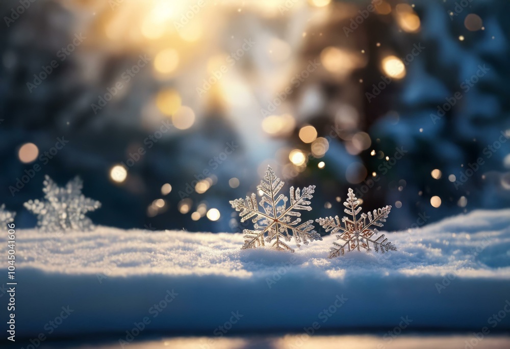 Poster a picturesque scene of sparkling snowflakes resting on a bed of fresh snow with a blurred background