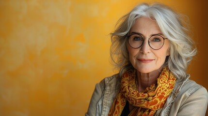 Confident Professional Woman in Glasses, showcasing wisdom and experience, set against a vibrant yellow backdrop that exudes positivity and warmth.
