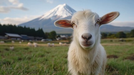 Obraz premium 雄大な山の景色を望む美しい牧草地で放牧されているヤギ