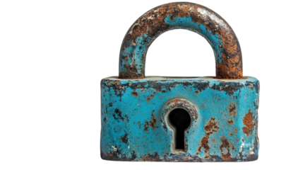 Weathered blue padlock resting on a white background, showcasing its rustic charm and history