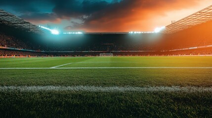 A vibrant stadium scene at sunset, showcasing a football field ready for a match.