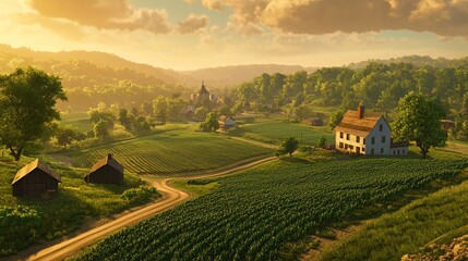 Obraz premium Bathed in the glow of the setting sun, a picturesque farmstead unfolds before your eyes. Fields of verdant crops stretch out endlessly, their gentle sway dancing in the breeze