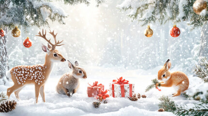 Festive winter wonderland: deer and rabbits with christmas gifts in snowy forest scene
