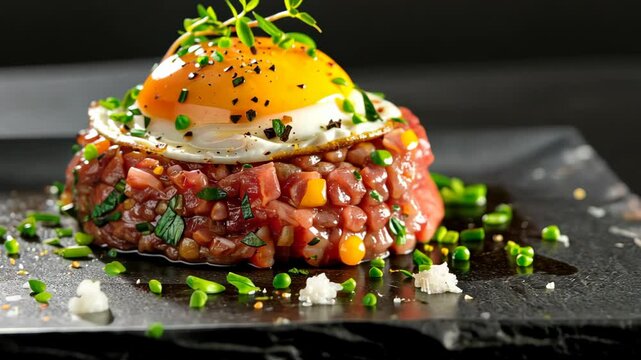 A close-up of a steak tartare with a fried egg on top, garnished with chives and herbs