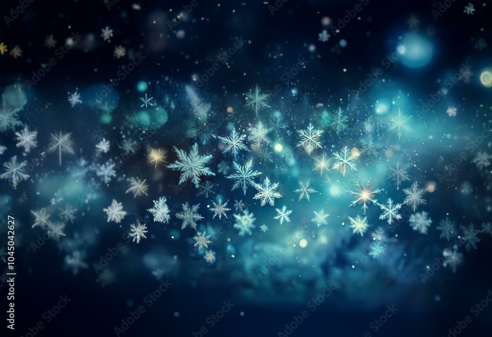 Poster a dark blue background with a light blue nebula-like cloud pattern. white snowflakes of varying size