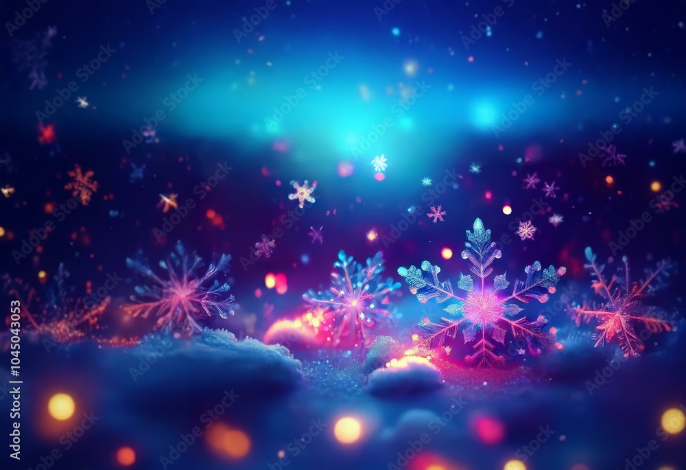 Poster a winter wonderland scene with large, sparkling snowflakes, illuminated with colorful lights. the ba