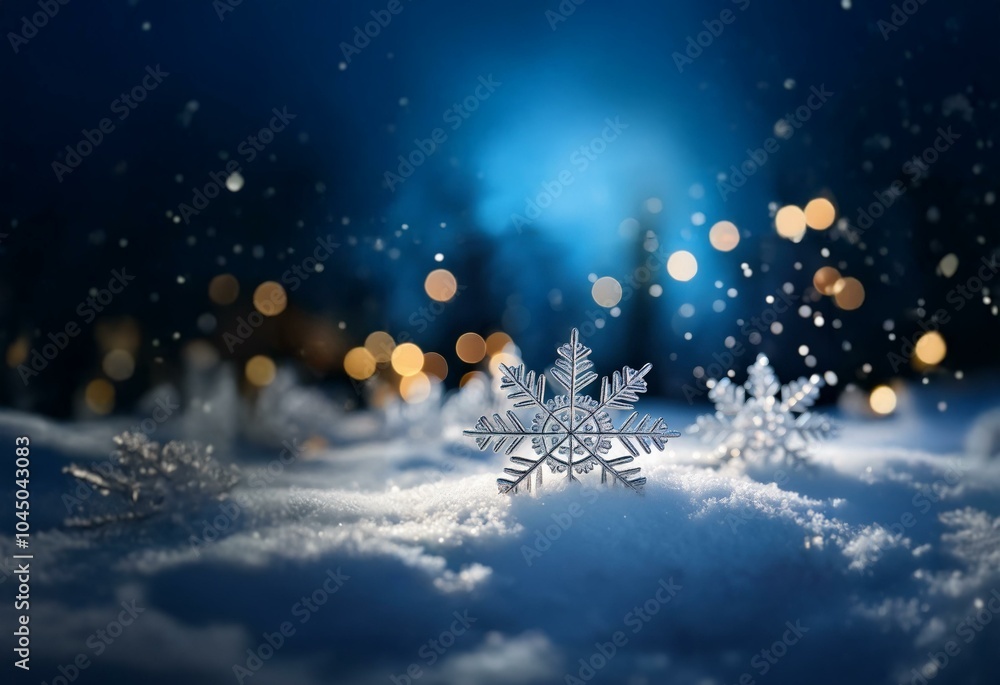 Poster a close-up of a delicate snowflake resting on a bed of fresh snow, illuminated by the soft glow of d