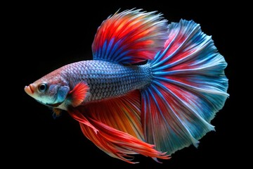 Fototapeta premium Vibrant Betta Fish: Colorful Siamese Tropical Fish with Silk Tail on Black Background for Stunning Conceptual Photography