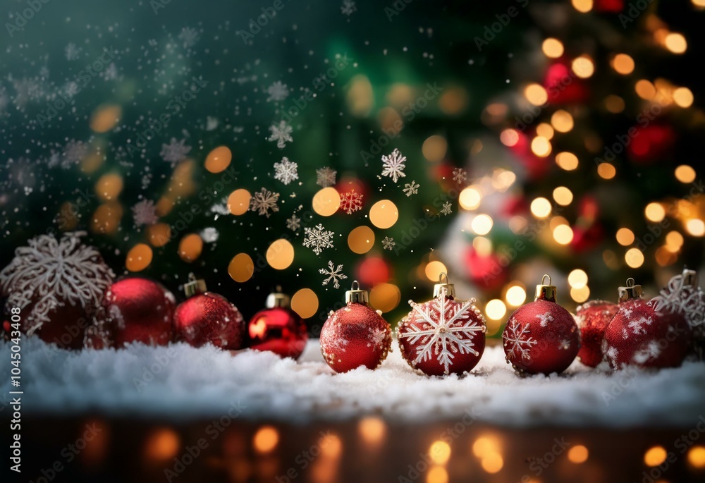 Wall mural A row of red Christmas ornaments sit on a snowy surface in front of a blurred Christmas tree with lights.