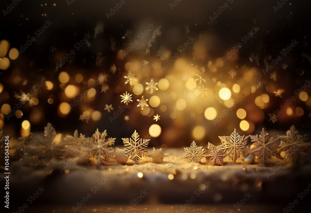 Poster a blurred background of golden lights with snowflakes scattered across a snowy surface.