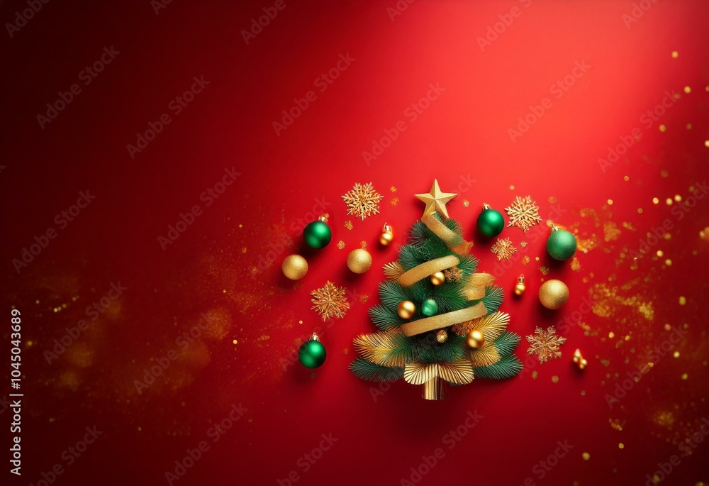 Poster A stylized Christmas tree with ornaments and ribbon on a red background.