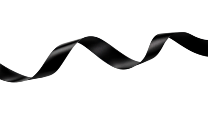 Elegant black satin ribbon curling and flowing gracefully against a white background