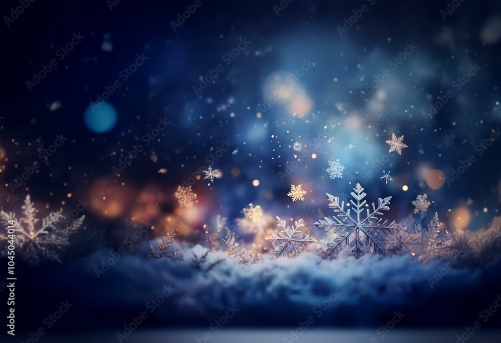 Poster A close-up view of snow-covered ground with snowflakes falling against a background of shimmering lights.
