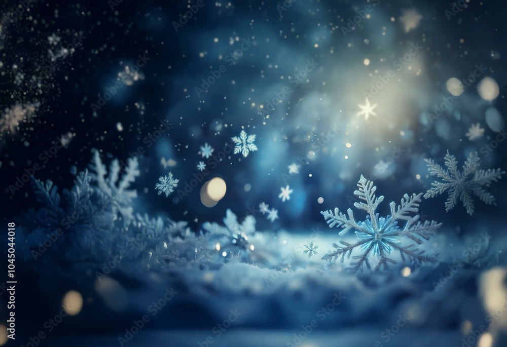 Poster A winter wonderland with a soft snowfall and a glowing light source in the background.