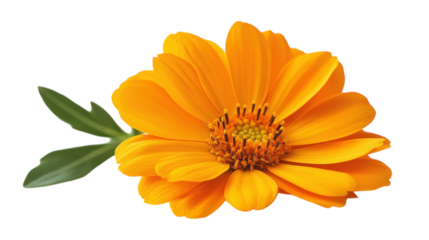 Vibrant orange flower with a single green leaf against a bright background in natural light