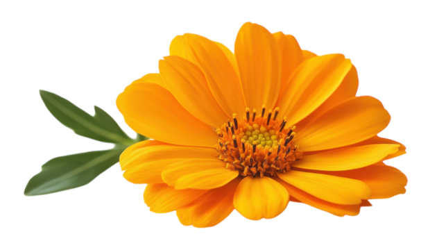 Vibrant orange flower with a single green leaf against a bright background in natural light