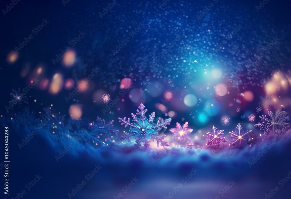 Aufkleber a winter scene with sparkling snowflakes and bokeh lights.