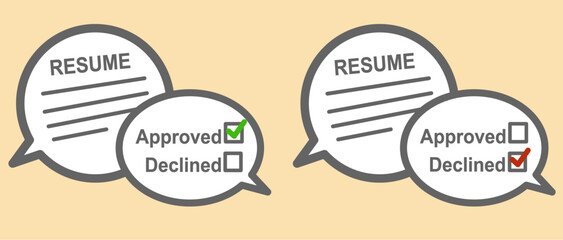 Approved and rejected interview application for job offer. Red checklist for rejected and green for approved stamp vector flat icon illustration.