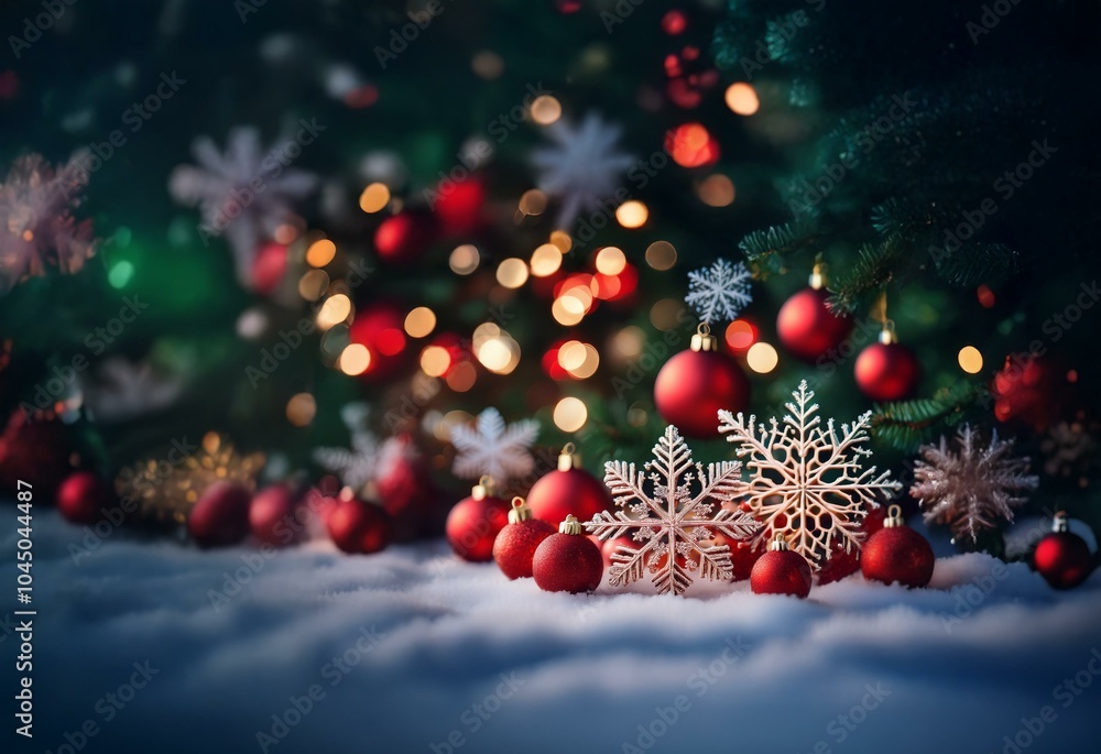 Sticker Red and gold Christmas ornaments, white snowflakes, and glowing lights adorn a snowy scene with a pine tree in the background.