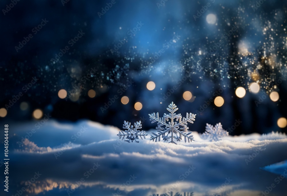 Poster a snowy landscape at night with three snowflakes in the foreground, illuminated by a string of warm,