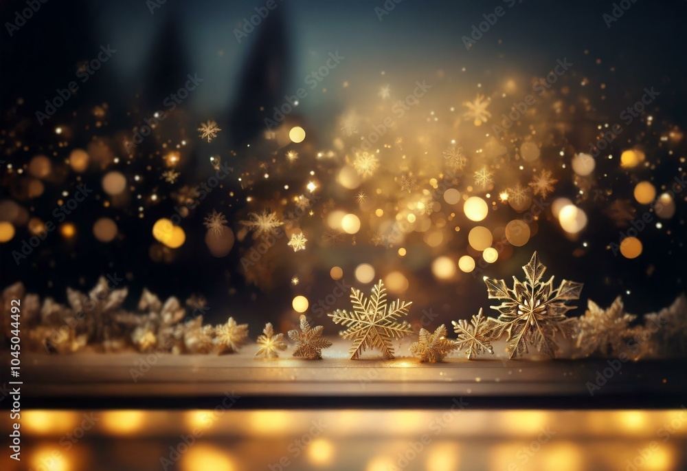 Poster a shimmering tableau of golden snowflakes against a dark background with warm, glowing lights.