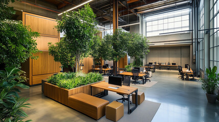 Fototapeta premium Modern industrial office interior design ideas with green plants